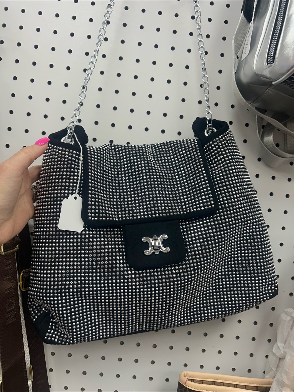 Studded Black Shoulder Bag with Chain Strap
